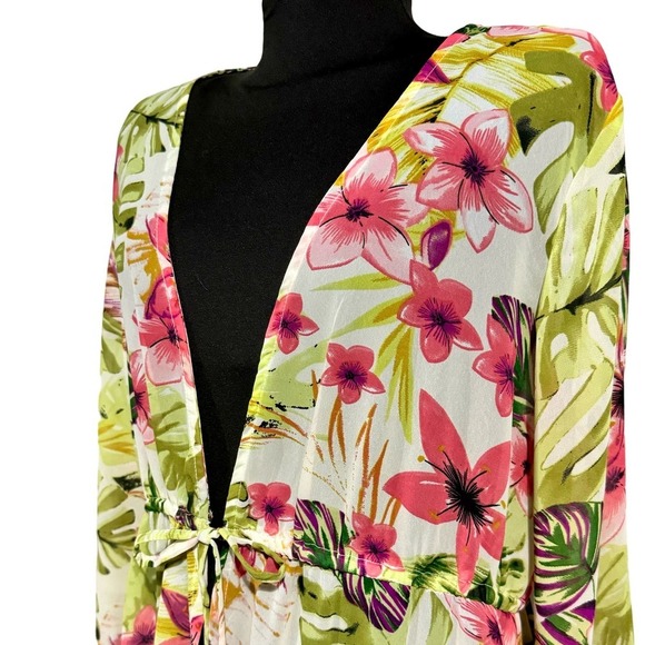 GOA Beachwear by Japna Drawstring Waist Floral Print Chiffon Coverup Robe L - Picture 7 of 8